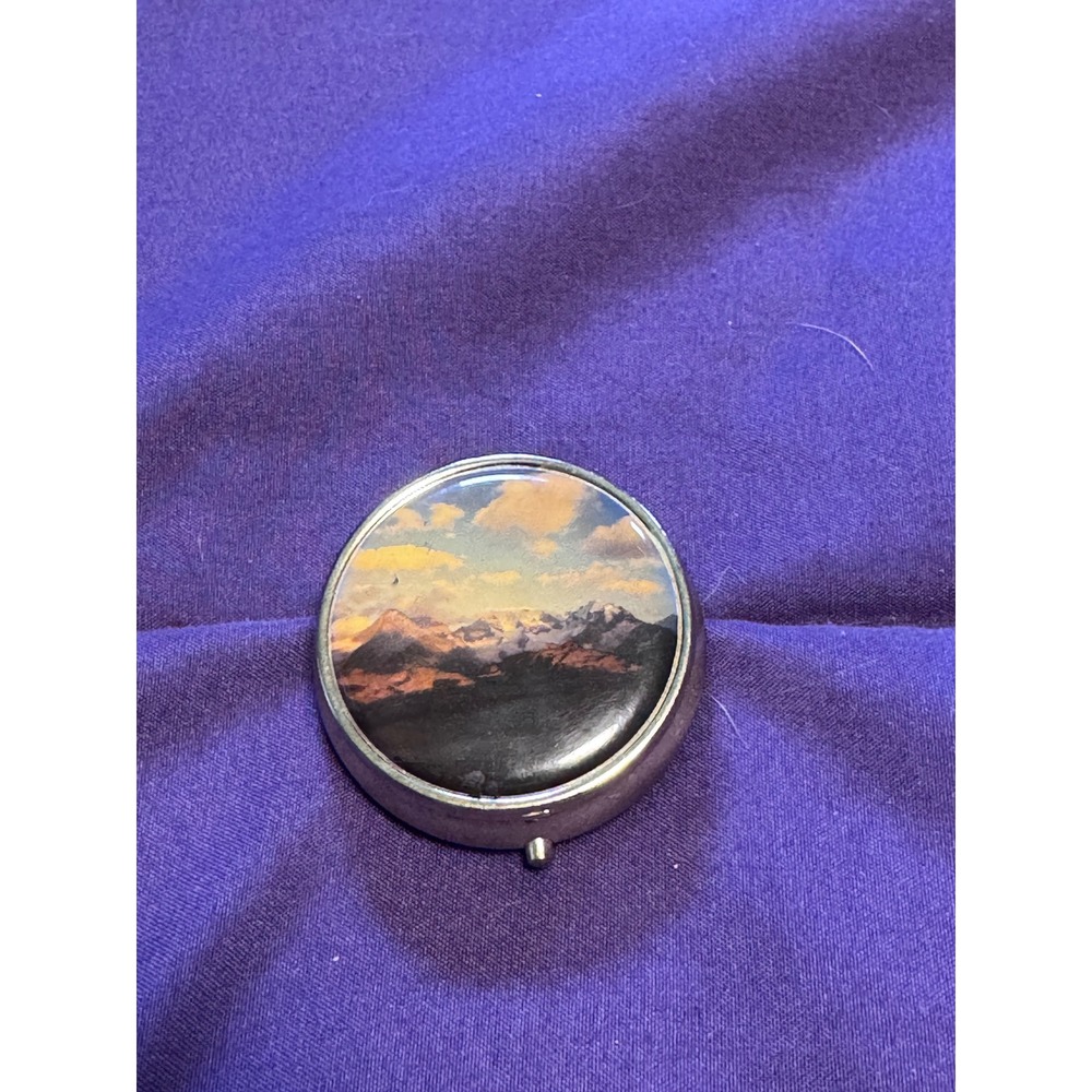 Vintage Mountain Landscape Round Pill Box Silver Tone 3 Compartment Mirror Case
